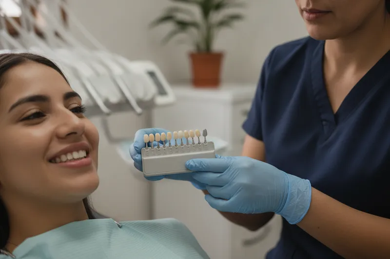 Selección del tono dental con guía de colores junto a la sonrisa de una paciente