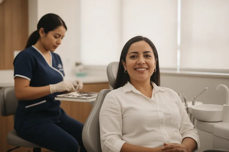 Paciente sonriendo en el sillón dental durante su visita