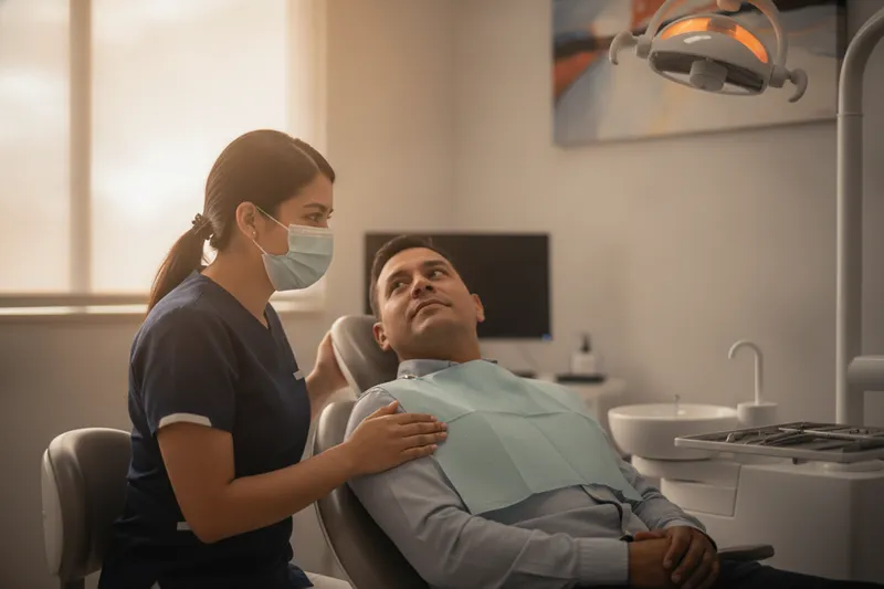 Odontóloga tranquilizando a un paciente en el sillón dental