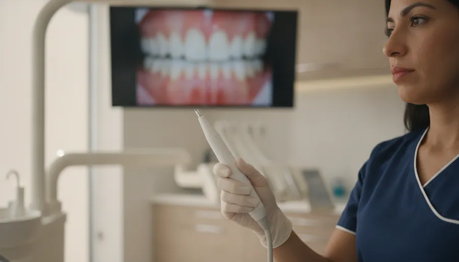 Cámara intraoral en la mano de una odontóloga con la imagen dental en pantalla