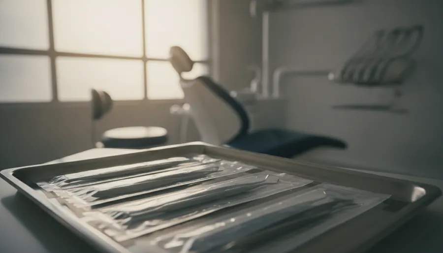 Instrumental dental sellado en fundas de esterilización sobre bandeja metálica