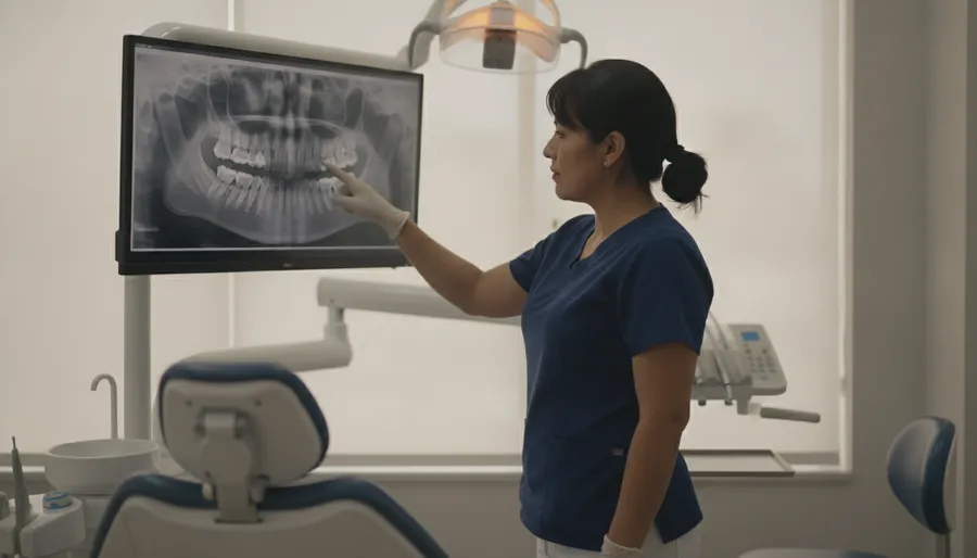 Profesional señalando una radiografía panorámica digital en el monitor