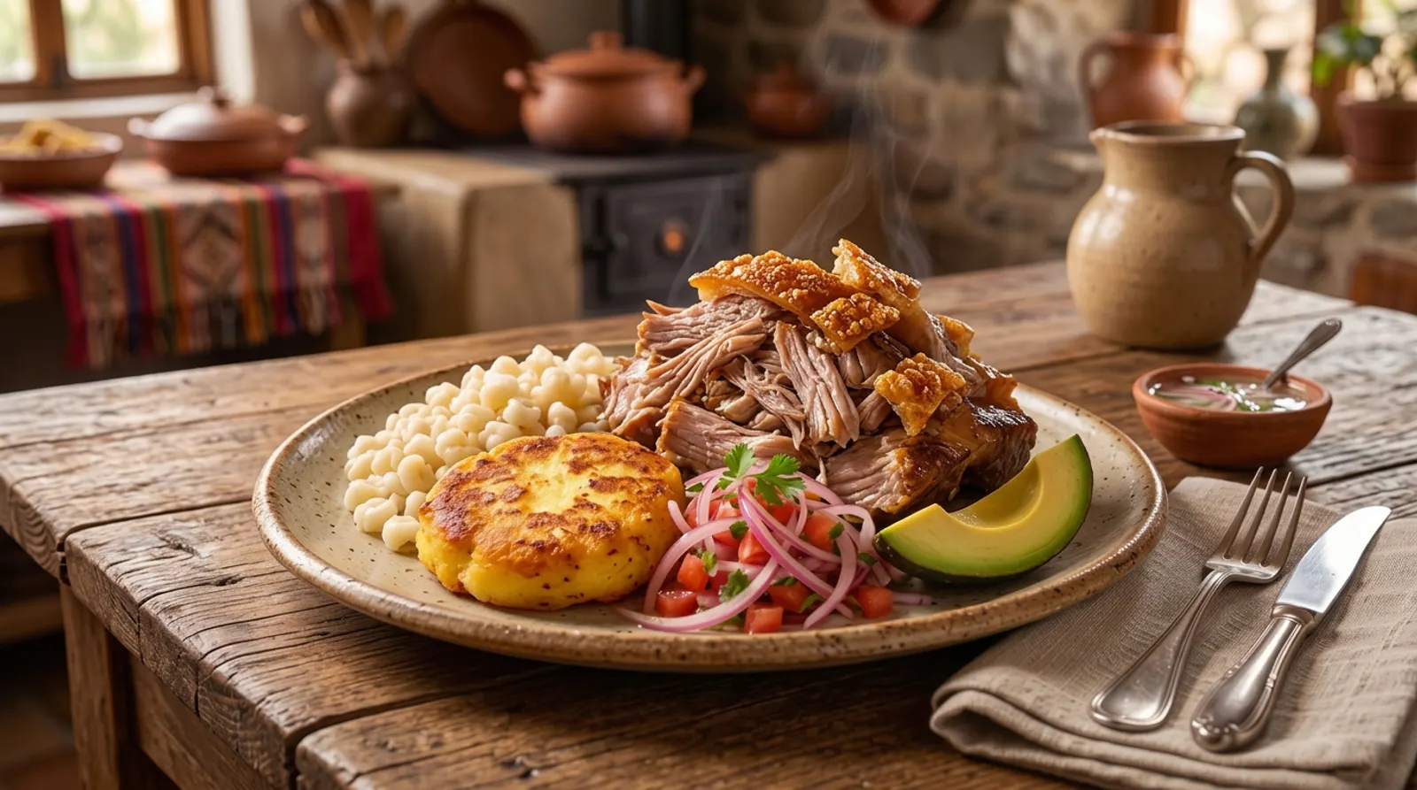 Hornado con llapingachos, mote y curtido, plato estrella de Sabor de los Andes